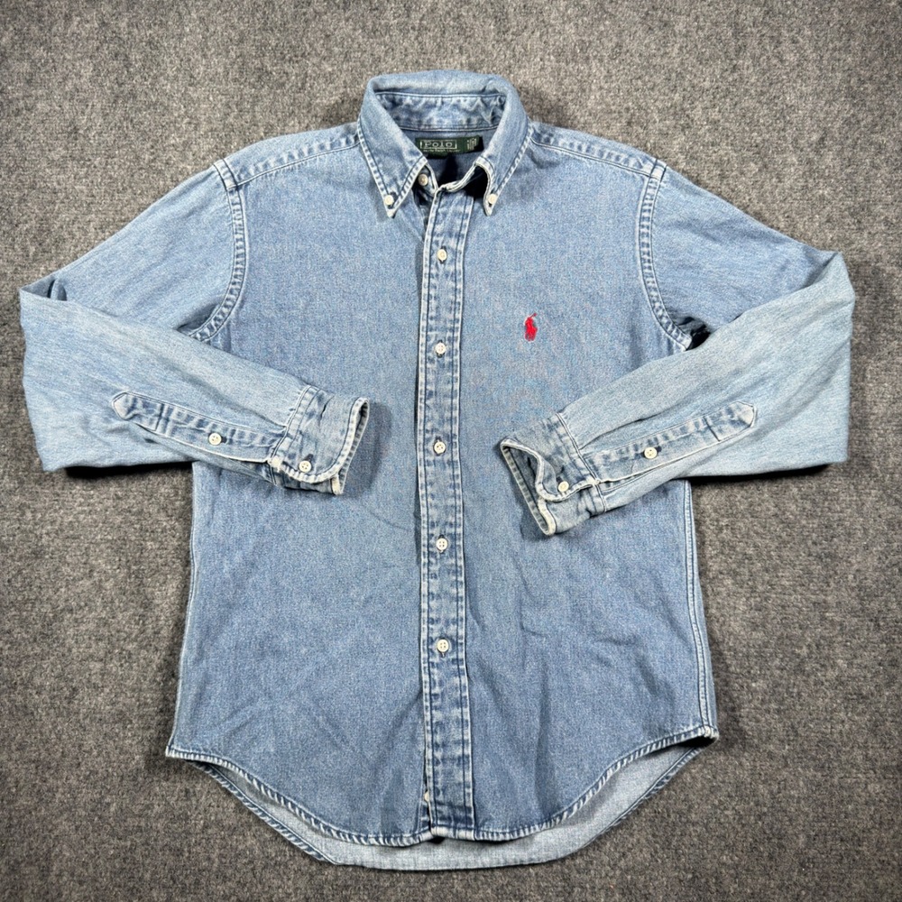 Vintage Polo Ralph Lauren Boys 14 Denim Shirt Green Tag Red Pony 90s